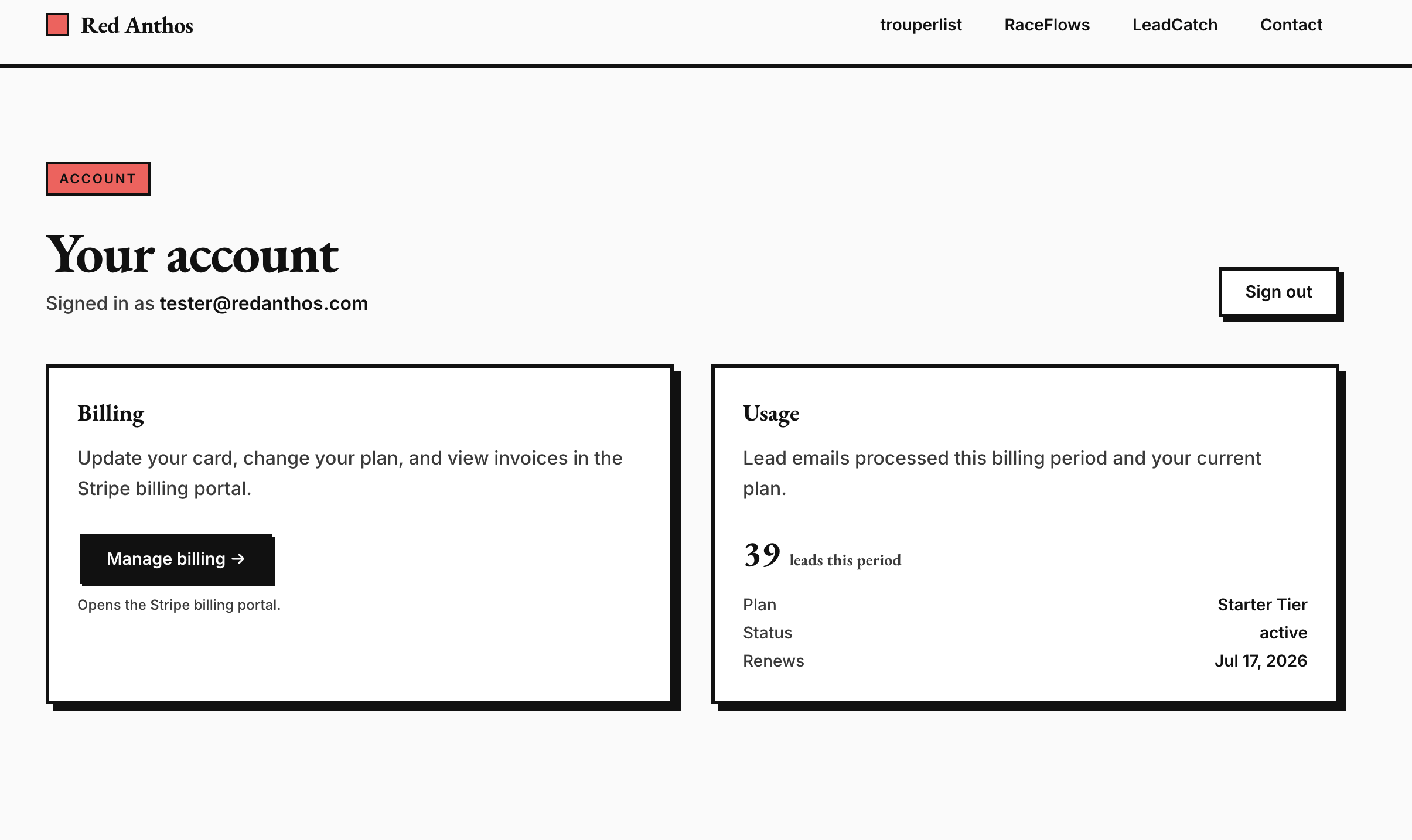 The Red Anthos account dashboard, showing a Billing card with a Manage billing button and a Usage card with the current plan and renewal date